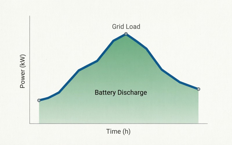 Graph showing grid load reduction through hybrid inverter battery discharge during peak hours
