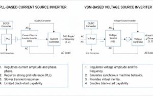 Diagram comparing PLL-based current source vs VSM-based voltage source inverters