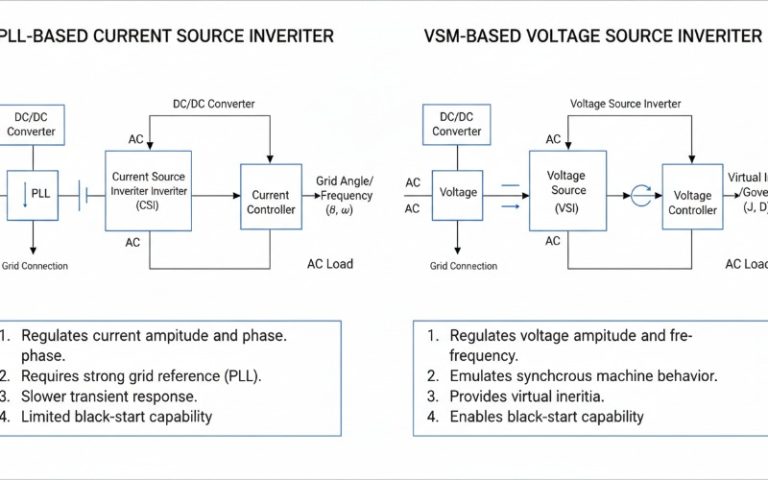 Diagram comparing PLL-based current source vs VSM-based voltage source inverters