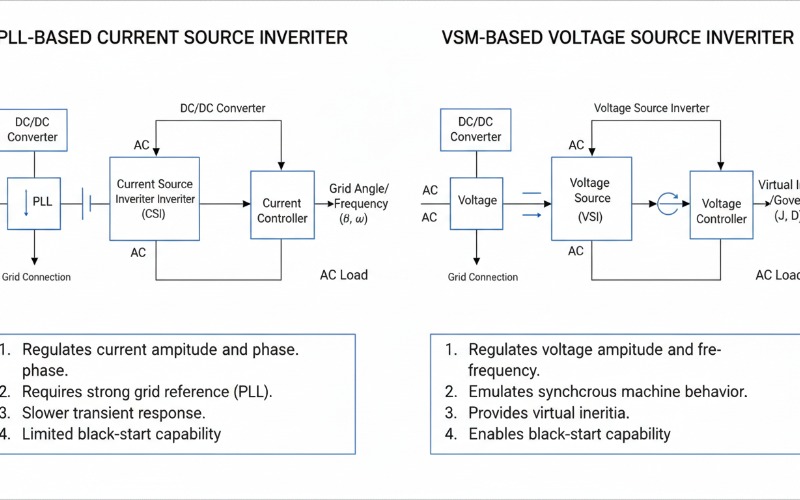 Diagram comparing PLL-based current source vs VSM-based voltage source inverters