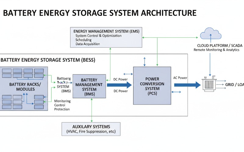 Diagram showing the architecture of a Battery Energy Storage System including PCS, BMS, and EMS