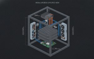 Exploded view of a modular battery energy storage system showing PCS, BMS, and cooling components