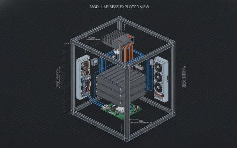 Exploded view of a modular battery energy storage system showing PCS, BMS, and cooling components